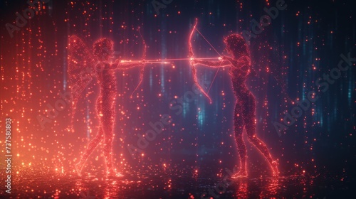 a couple of people standing next to each other with a bow and arrow in the middle of a room filled with lights.