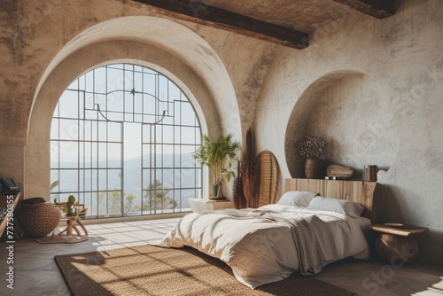 Mediterranean Comfort: Boho Bedroom with Arched Stucco Ceiling, Grid Window, and Cozy Decor © AIGen