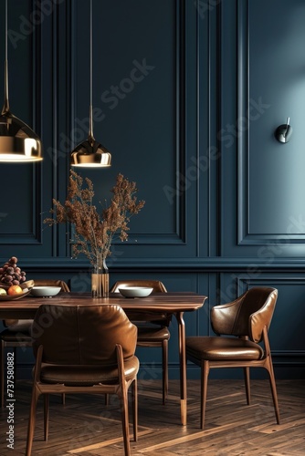 Classic Modern Dining Room Interior with Blue Accent Wall and Luxury Furniture, 3D Render Mockup © AIGen