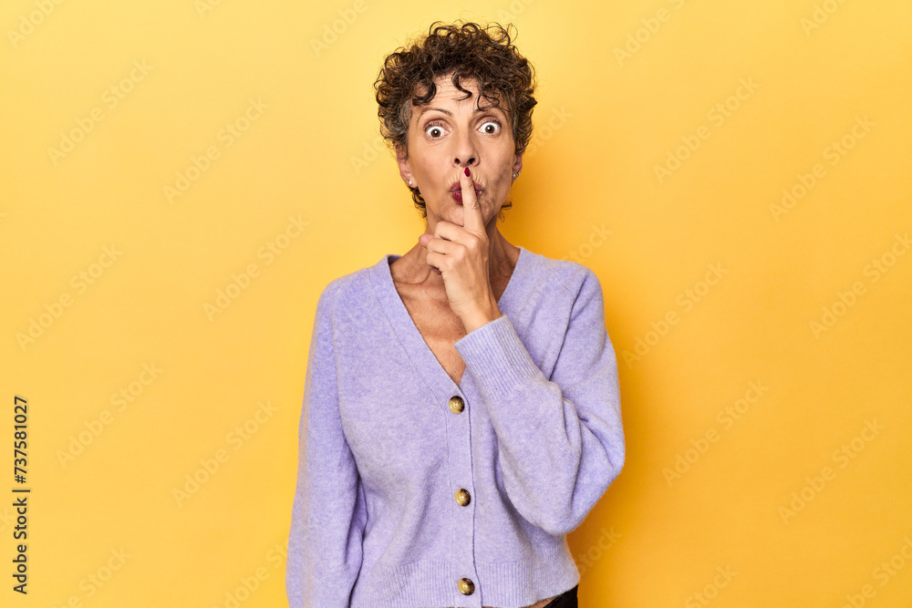 Mid-aged caucasian woman on vibrant yellow keeping a secret or asking for silence. Mid-aged caucasian woman on vibrant yellow keeping a secret or asking for silence.