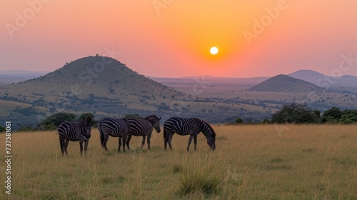 a group of zebras grazing in a field with the sun setting in the background and hills in the distance.