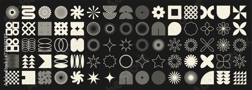 Brutalist geometric shapes, symbols. Simple primitive elements and forms, icons. Retro design, trendy contemporary minimalist style, y2k. Vector illustration.