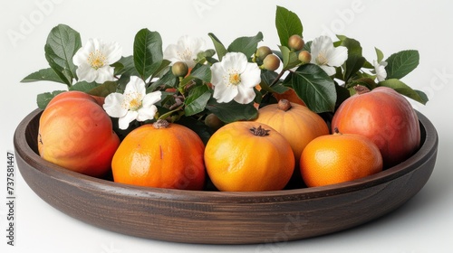 a bowl filled with oranges and flowers on top of a white table with a white wall in the background.