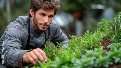 a man kneeling down in a field of green plants and looking at the camera with a serious look on his face.
