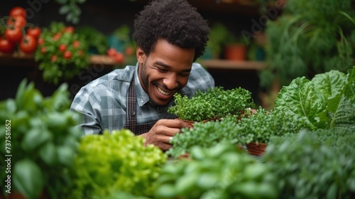 a man smiles as he looks at a bunch of green plants in a garden shop, surrounded by potted plants.