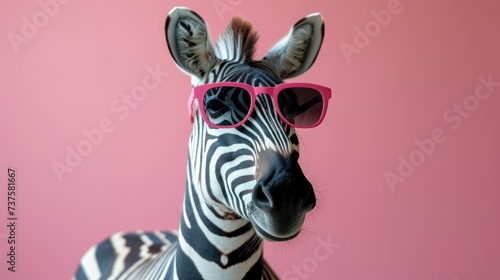 a close up of a zebra wearing a pair of pink sunglasses with a pink wall behind it and a pink background.