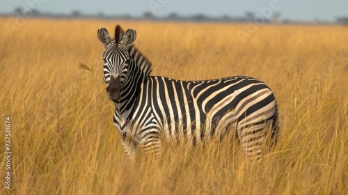 a zebra standing in the middle of a field of tall grass with another zebra in the background looking at the camera.