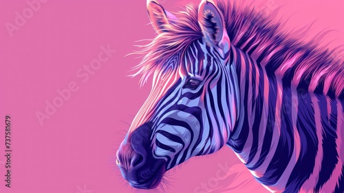 a close up of a zebra s head on a pink and purple background with a pink sky in the background.