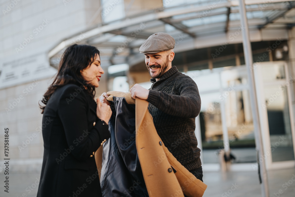 Smiling woman receiving coat from cheerful man in urban setting winter fashion. Woman receiving a coat from her male partner while she is shaking from the cold.