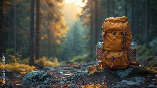 Full hiking backpack on a mountain forest trail. Ai generative