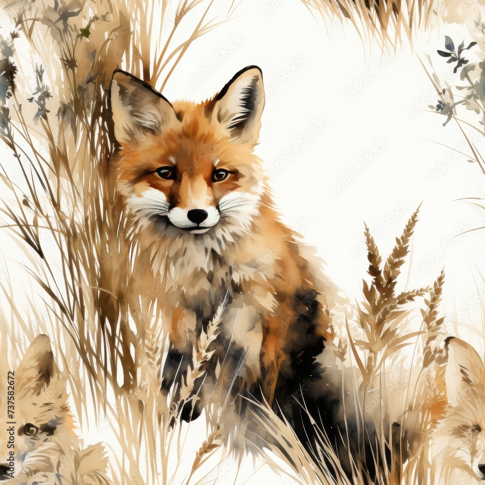Fototapeta premium Red fox in tall green grass, looking curious and warm under the sunlight. Perfect for nature lovers seeking a tranquil image for their website, blog, or print projects.
