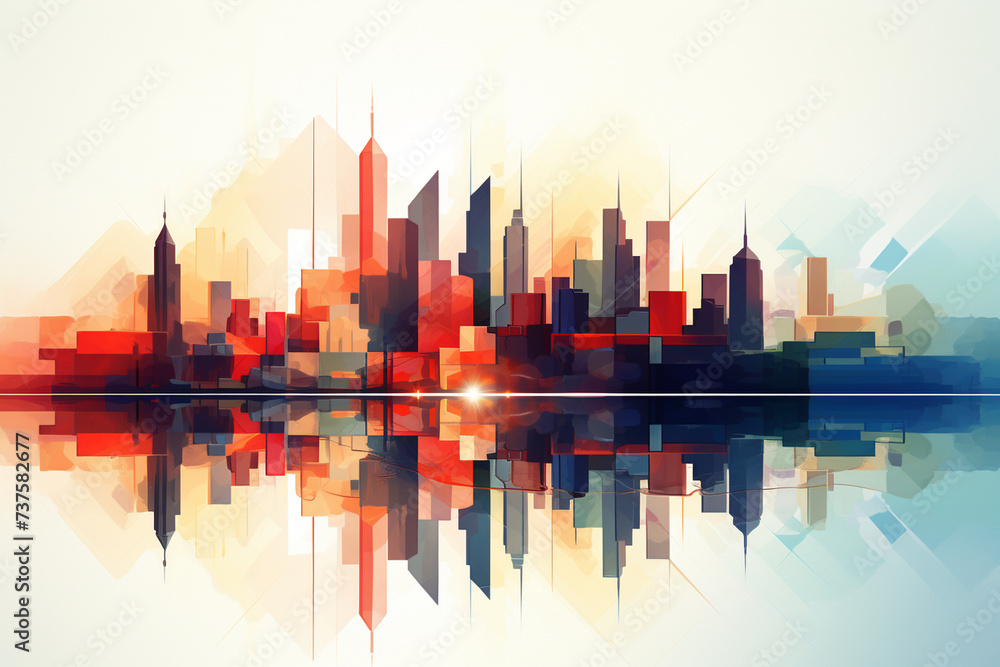 Obraz premium A minimalist illustration of a modern city skyline with clean lines and geometric shapes, capturing the essence of urban life.