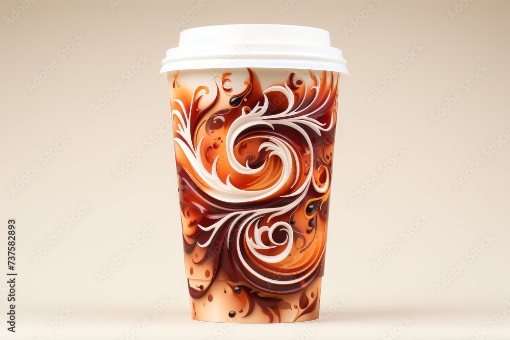 A photo of a single-use, disposable coffee cup with a white lid against a beige background. The cup features an abstract wave pattern in shades of brown and white. A photo of a single-use, disposable coffee cup with a white lid against a beige background. The cup features an abstract wave pattern in shades of brown and white.