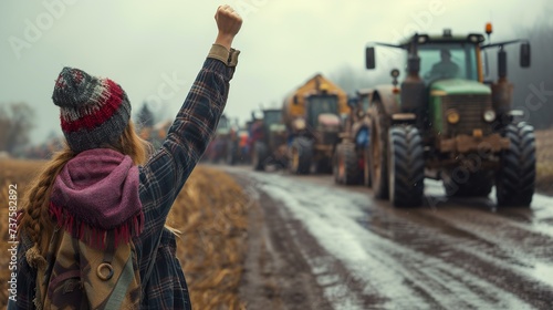 A woman supporting the farmers' strike. Generative AI. photo