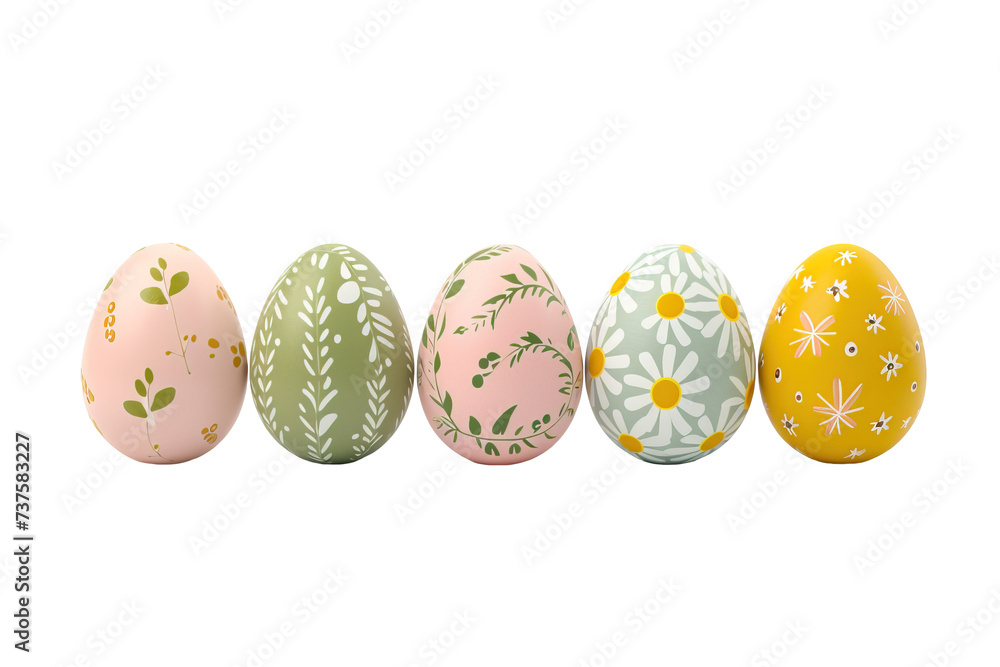 Decorated Easter eggs in pastel tones placed in a row over white transparent background