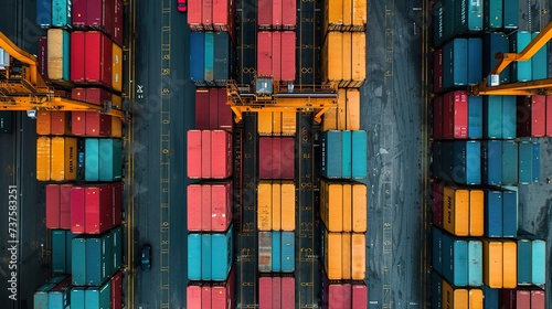 An aerial view shows the complex structure of a seaport with neatly stacked colorful containers, massive cranes and a loading cargo ship. Ai generative