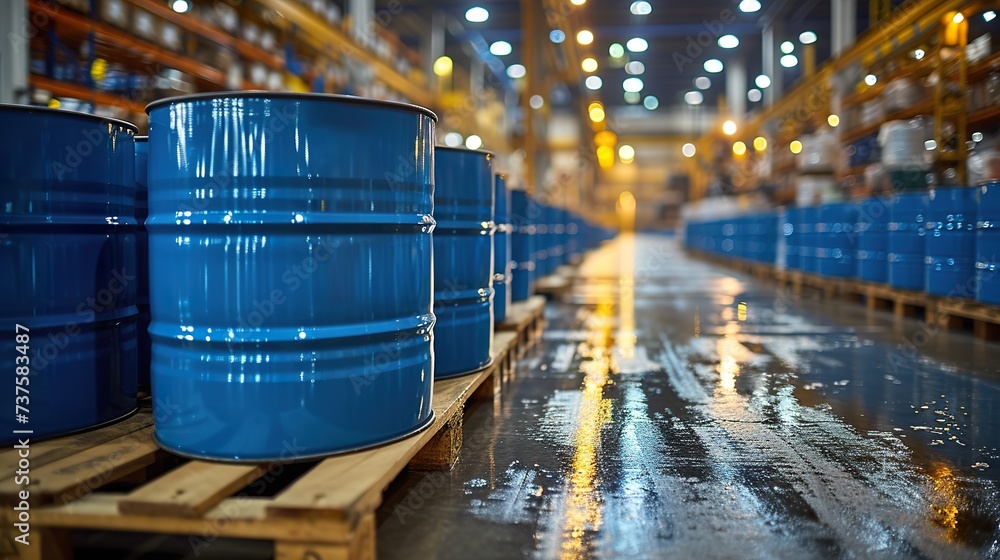 Blue barrel drum on the pallets contain liquid chemical in warehouse prepare for delivery to customer by made to order. Manufacture of chemicals production. Ai generative - obrazy, fototapety, plakaty 