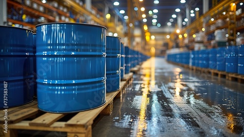 Blue barrel drum on the pallets contain liquid chemical in warehouse prepare for delivery to customer by made to order. Manufacture of chemicals production. Ai generative photo