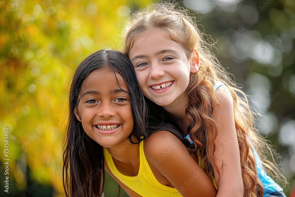 Fototapeta premium Two young girls sharing a warm embrace in a park during their summer camp.
