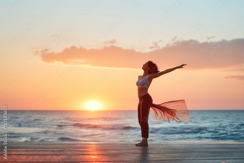 A young woman stands on the beach, with the sun setting in the background. A young woman stands on the beach, with the sun setting in the background.