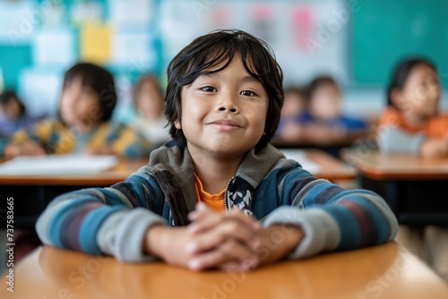 A young boy of Peruvian ethnicity sits at a table in a modern classroom.