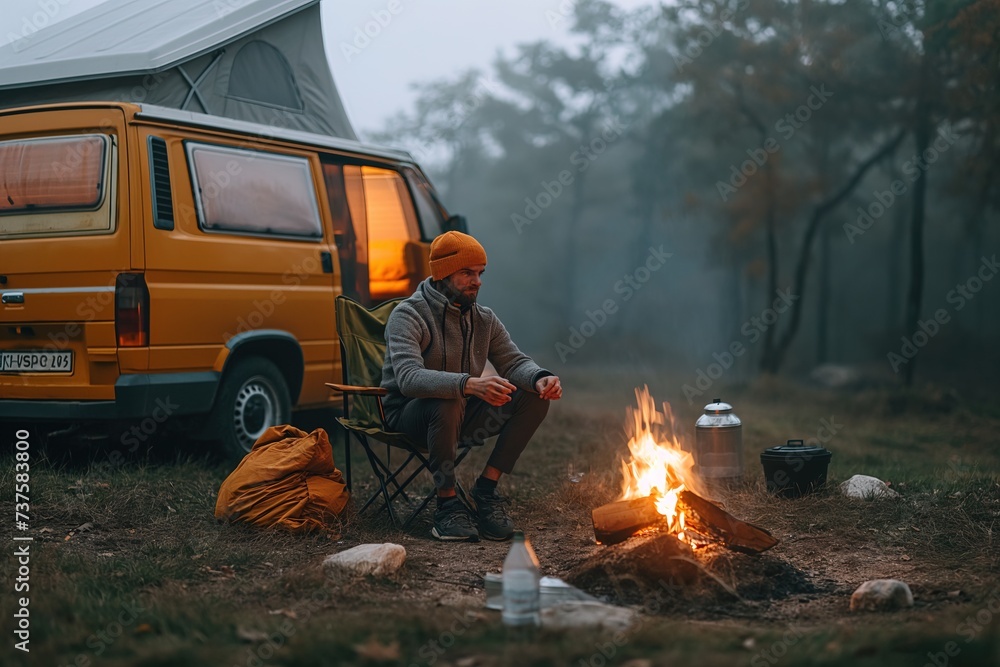 A man sits by the fire in an autumn setting next to a van.