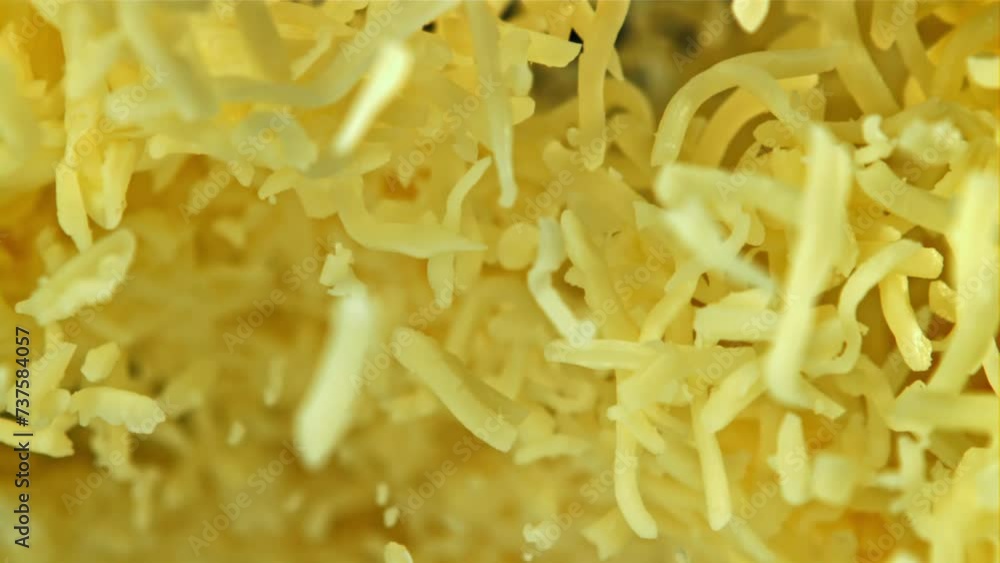The grated cheese flies up and falls down. Filmed on a high-speed camera at 1000 fps. High quality FullHD footage The grated cheese flies up and falls down. Filmed on a high-speed camera at 1000 fps. High quality FullHD footage