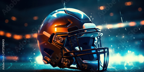 Illuminated American Football Helmet on Field at Night Under Bright Lights.