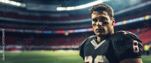 Confident American Football Player Poised for Victory on Stadium Field at Night