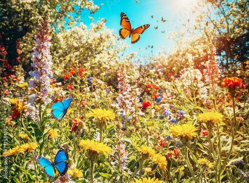 Garden full of flowers and butterflies on a sunny spring day. © Jesús de Fuensanta