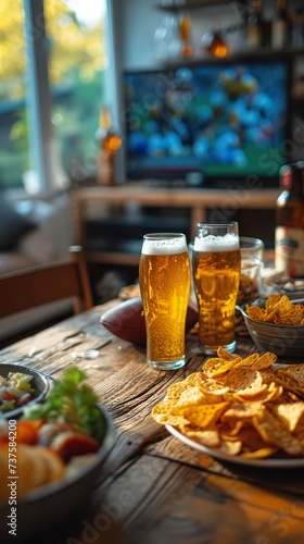 Table with chips, football and beers, television with superbowl on the background. Ai generative