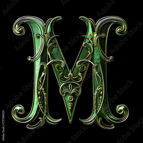  Letter M detailed Art Nouveau sculpture icon on black background photo