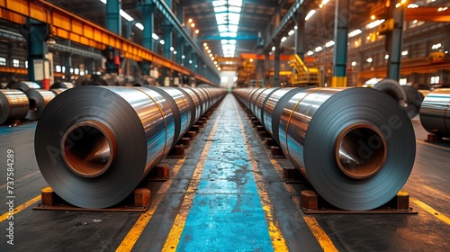 Rolls of galvanized steel sheet inside the factory or warehouse. Ai generative