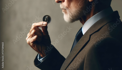 Senior man in business attire with coin focused side view