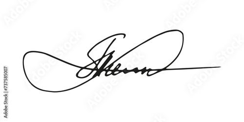 Fake signature hand drawn sample own autograph. Fictitious handwritten signature. Black ink. Scribble for sample contracts documents certificates or letters. Vector illustration.