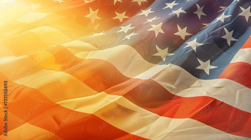 flag of the United States next to a sunset with a ray of sun - obrazy, fototapety, plakaty 