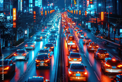 Fotografía del trafico caótico con luces de autos en movimiento, capturando la intensidad y ritmo de la vida urbana moderna, fotografía de larga exposición photo