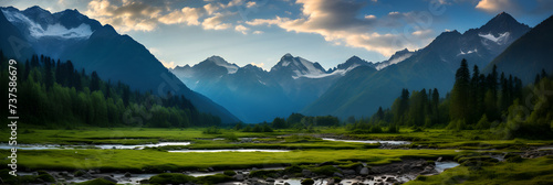 The Majestic Vista of Earth's Wilderness: Untouched Forest, Gleaming River, and Snow-Capped Mountains
