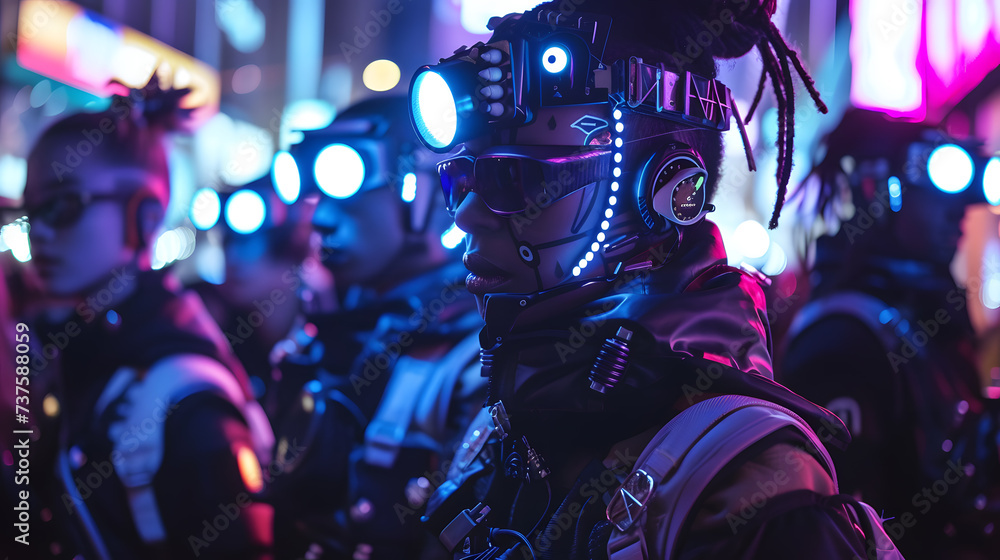 A photo of a group of people wearing cyberpunk fashion, with cybernetic enhancements and glowing accessories. A photo of a group of people wearing cyberpunk fashion, with cybernetic enhancements and glowing accessories.