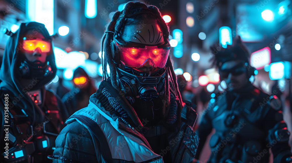 A photo of a group of people wearing cyberpunk fashion, with cybernetic enhancements and glowing accessories. A photo of a group of people wearing cyberpunk fashion, with cybernetic enhancements and glowing accessories.