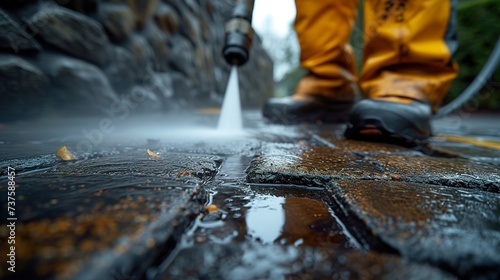 Washing the sidewalk with a pressure washer. Generative AI © dreamer82