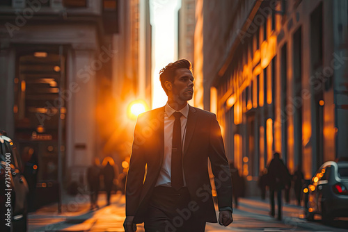 joven profesional emprendedor con traje moderno caminando por el distrito financiero

