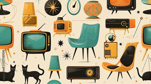 The generated image showcases a collection of stylized illustrations that are infused with a 1950s retro design aesthetic. The scene includes iconic mid-century modern furniture, such as chairs with o