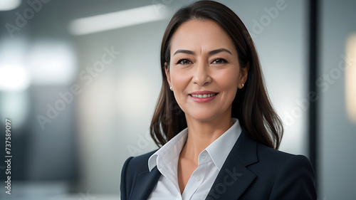 A smiling businesswoman in a suit and shirt, showing her confidence and success as a corporate manager and professional worker in a modern office