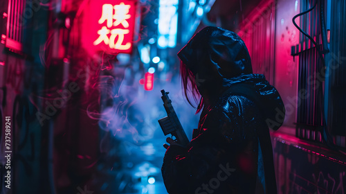 a cyberpunk character in a dark alleyway, with a high-tech weapon and a mysterious aura. A woman in a black leather suit and mask stands in a dark alley.