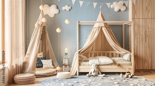 Visualize a captivating interior for a child's room, focusing on the sleeping area. Utilize a 3D illustration technique to create a mock-up wall, providing a versatile canvas for personalization 