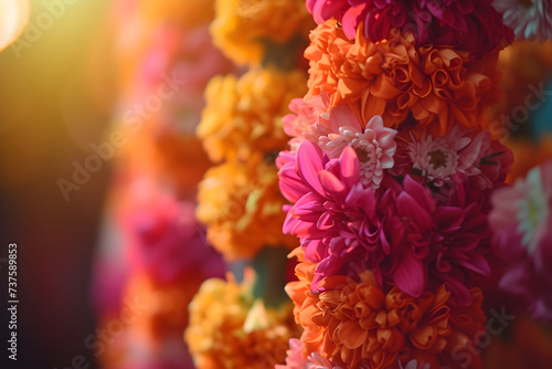 Traditional Indian flower garland with marigold flowers and mango leaves. Ugadi, Gudi Padwa or Pongal celebration. Hindu New Year. Religion, ethnic, custom and festive preparation concept photo