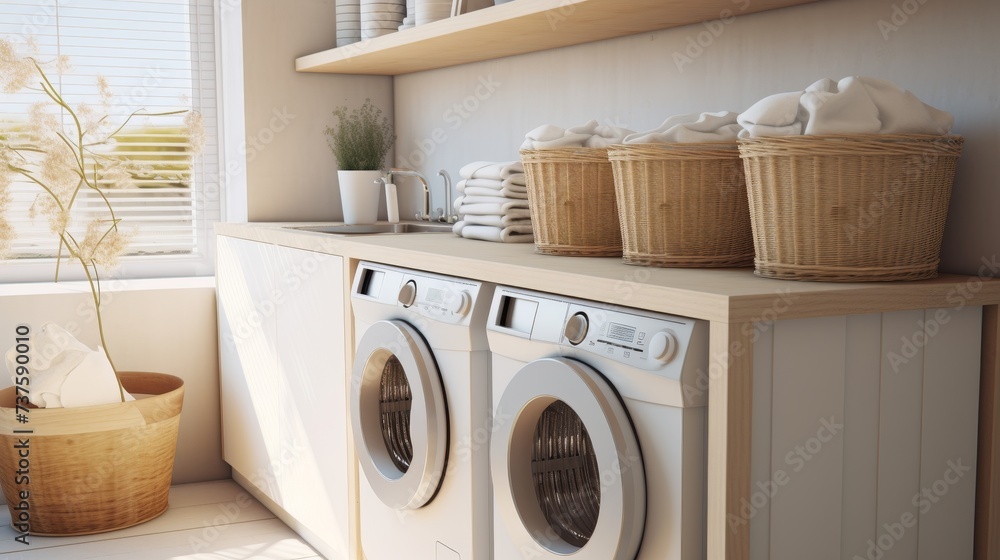 Modern laundry room with wicker laundry baskets and washing machine, white tone Modern laundry room with wicker laundry baskets and washing machine, white tone