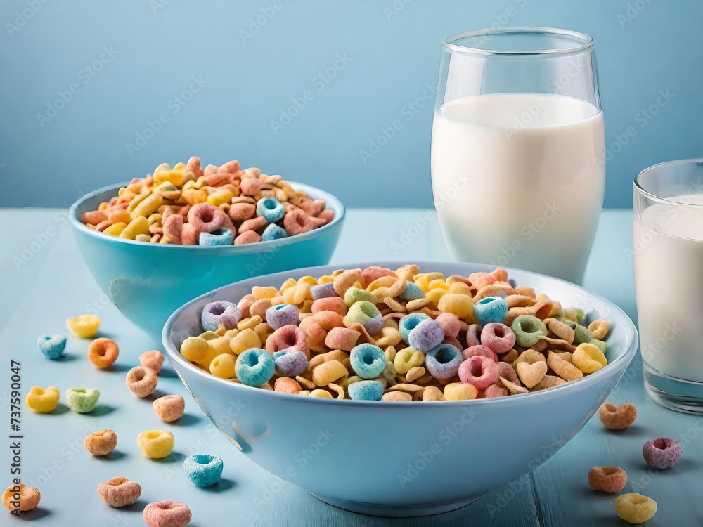 A cozy breakfast scene with two bowls of fruit-flavored cereal and two glasses of fresh milk on a light blue table, creating a colorful and inviting morning setup. A cozy breakfast scene with two bowls of fruit-flavored cereal and two glasses of fresh milk on a light blue table, creating a colorful and inviting morning setup.