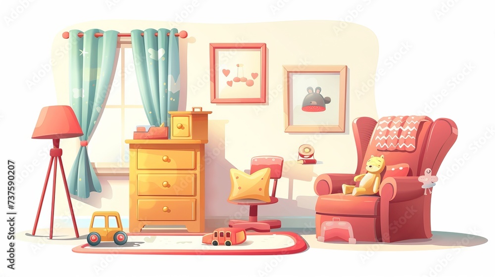 Craft a chic and endearing nursery interior showcasing a children's bed, chest of drawers, armchair, floor lamp, and an assortment of toys. Illustrated in a captivating cartoon style Craft a chic and endearing nursery interior showcasing a children's bed, chest of drawers, armchair, floor lamp, and an assortment of toys. Illustrated in a captivating cartoon style